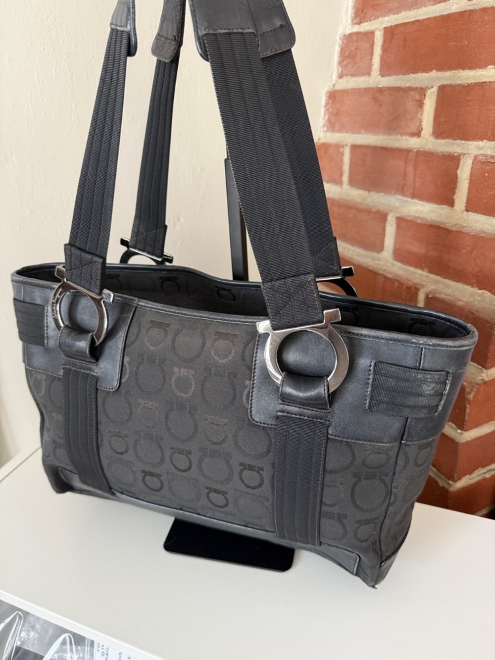 Authentic Ferragamo Black Logo Jacquard Tote with Silver Hardware - Picture 2 of 7